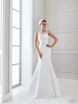 Wedding Dress - Sans Pareil Bridal Collection 2016: 967 - Sleeveless fit and flare gown with crystal trimmed neckline, bodice and embellished waistband | SansPareil Bridal Gown