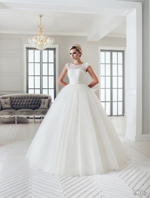 Wedding Dress - Sans Pareil Bridal Collection 2016: 978 - Crystal embellished lace yoke and cap sleeves on tulle ball gown | SansPareil Bridal Gown
