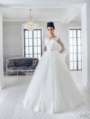 Wedding Dress - Sans Pareil Bridal Collection 2016: 986 - Illusion lace forms V-neckline and full sleeves above gathered ball gown skirt | SansPareil Bridal Gown