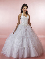 Quinceanera Dress: Quinceanera/Vizcaya: 81002 Organza with  Beaded embroidery decorates the sweetheart, halter bodice with corset tie back closure. The ball gown skirt is elaborately trimmed with beads tucked into the skirt pick-ups. Matching shawl is included. Color Availability: White, Pink, Turquoise 