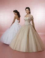 Quinceanera Dress: Quinceanera/Vizcaya: 81007 Tulle and Duc  The sweetheart, strapless bodice with embroidery is trimmed with satin bands at the neckline and peaked empire. Corset tie back closure meets the appliqued, tulle ball gown skirt. Matching tulle bolero edged with satin. Color Availability: White/Pink, Champagne/Blush, Light Blue 