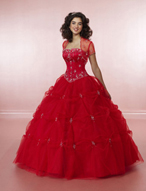 Quinceanera Dress: Quinceanera/Vizcaya: 81009 Tulle with Be  Sparkling beading enhances the v-notched, strapless bodice with corset tieback closure. The full, tulle ball gown skirt has beads tucked into the pick-ups with a flounced hemline. Matching bolero jacket is included. Color Availability: Ballet Pink, Light Blue, Scarlet 
