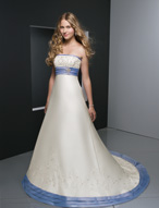 Bridal Dress: Bridals: 2227 - Duchess Satin with Embro  Satin bands trim the strapless neckline and empire with embroidery overlaying the bodice. The A-line skirt has embroidery surrounding the hemline bands with buttons cascading down the chapel length train. Colors: White/Silver, Pearl/Silver Trim Color Available in all Mori Lee Bridesmaid Satin Colors 
