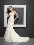 Bridal Dress: Bridals: 2313 - Radiant Taffeta with Emb  Swarovski crystals accent the embroidery that trims the sweetheart strapless neckline on the asymmetrically draped bodice. The embroidery crosses over the dropped waistline and trims the hemline band on the slim, A-line skirt with chapel length train. Available in 3 Lengths 55