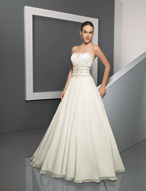 Bridal Dress: Bridals: 2314 - Delicate Chiffon with Em  Beaded embroidery trims the contoured, strapless neckline and creates the sparkling bands trimming the midriff to the slightly dropped waistline. The soft, ball gown skirt has cascading streamers onto the chapel length train. Colors: White/Silver, Ivory/Silver 