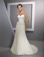 Bridal Dress: Blu: 4506 - Chiffon with Beaded Lace  Beaded lace trims the sweetheart strapless neckline with hand-pleated chiffon shaping the bodice. The dropped waistline meets the soft, A-line skirt with lace edging the hemline and chapel length train. Available in 3 Lengths 55