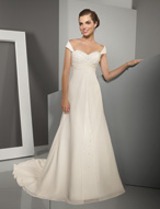 Bridal Dress: Blu: 4511 - Delicate Chiffon with Crysta  Swarovski crystals are clustered on the sweetheart neckline with draped chiffon meeting the empire. Beads are scattered onto the A-line skirt with split front overlay and chapel length train. The gown features removable cap sleeves. Colors: White/Silver, Ivory/Silver 