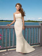 Bridal Dress: Destination/Voyage: 6302 - Satin with Em  Soft pleats overlay the strapless bodice with beaded embroidery trimming the empire of the fit and flared gown. Colors: White/Silver, Ivory/Silver 
