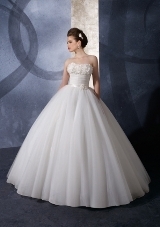 Bridal Dress: Mori Lee Voyage Collection: 6601 - Beaded Flowers on Organza and Tulle  Soft flowers accented with crystal beads cover the strapless bodice and meet the draped midriff. Satin ribbon trims the natrual waistline onto the multi-layered, shirred ball gown skirt with a sweep train. Colors Available: White, Ivory.* Please Note Shawls Are Not Included 