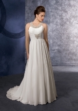 Bridal Dress: Mori Lee Voyage Collection: 6606 - Delicate Chiffon with Embroidery  Soft draping over the bodice theat cinches at the center front natural waistline. This gown has a softly shirred, A-line skirt with a keyhole back onto the chapel train. Colors Available: White/Silver, Ivory/Silver.* Please Note Shawls Are Not Included 