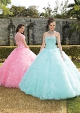Quinceanera Dress: Quinceanera/Vizcaya: 87041 - BEADED TULLE WITH FLOWERED SKIRT  Beaded Tulle with Flowered Skirt. Matching Bolero. Colors Available: Bubble, Aqua, Scarlet, White. BOLERO JACKET INCLUDED 
