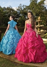 Quinceanera Dress: Quinceanera/Vizcaya: 87042 - SILKY TAFFETA WITH EMBROIDERY  Silky Tafetta with Embroidery. Matching Bolero. Colors Available: Mediterranean, Aqua, Cerise. BOLERO JACKET INCLUDED 