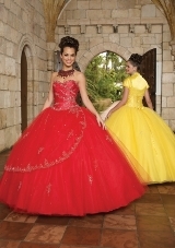 Quinceanera Dress: Quinceanera/Vizcaya: 87045 - EMBROIDERY ON CHARMEUSE AND TULLE  Embroidery on Charmeuse and Tulle. Matching Bolero. Colors Available: Scarlet, Sunshine, Aqua, White. BOLERO JACKET INCLUDED 