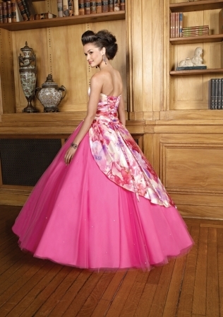 Quinceanera Dress: Quinceanera/Vizcaya: 87027 - Printed Charmeuse and Tulle with Beading  Matching Bolero Jacket. Colors: Bouquet 