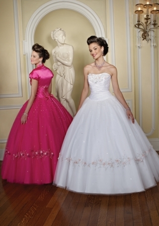 Quinceanera Dress: Quinceanera/Vizcaya: 87028 - Charmeuse and Tulle with Three Dimensional Embroidery  Matching Bolero Jacket. Colors: Aqua, Cerise, White/Pink 