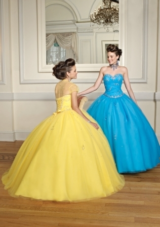 Quinceanera Dress: Quinceanera/Vizcaya: 87030 - Embroidered Tulle  Matching Bolero Jacket. Colors: Peacock, Iris, Sunshine, Ballet Pink, Cerise 