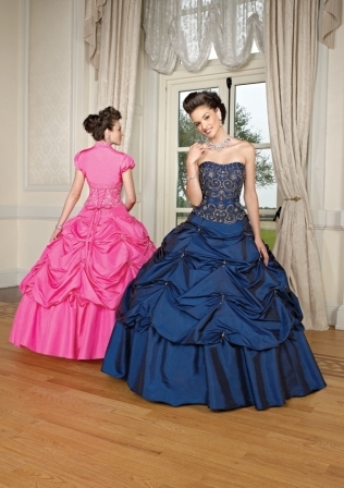 Quinceanera Dress: Quinceanera/Vizcaya: 87033 - Taffeta with Embroidery  Matching Bolero Jacket. Colors: Navy, Raspberry, Capri, White 