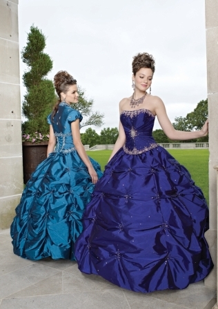 Quinceanera Dress: Quinceanera/Vizcaya: 87035 - Silky Taffeta with Embroidery  Matching Bolero Jacket. Colors: Deep Purple, Mediterranean, Claret, Cerise 