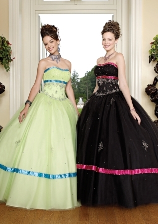 Quinceanera Dress: Quinceanera/Vizcaya: 87036 - Embroidered Tulle with Ribbon Trim  Matching Bolero Jacket. Colors: Ballet Pink/Rose, Champagne/Gold, Limelight/Peacock, Black/Cerise 