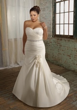 Bridal Dress: Mori Lee Julietta: 3107 - Satin Taffeta  Matching Jeweled Sash. Removable Flowers. Colors: White, Ivory. Sizes Available: 16W-32W.  