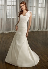 Bridal Dress: Mori Lee Blue FALL 2011 Collection: 4864 - Taffeta and Organza  Removable floral, one-shoulder strap. Colors: White, Ivory. Sizes Available: 2-28. 