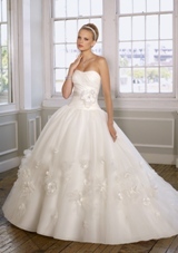 Bridal Dress: Mori Lee Bridal Collection: 1615 - Organza and Tulle with Appliqued flowers  Waist sash with flower. Colors: White, Ivory. Sizes Available: 2-28. 
