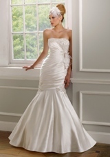 Bridal Dress: Mori Lee Bridal Collection: 1616 - Lustrous Satin with embroidery  Removable beaded one shoulder strap and feathered flowers. Colors: White/Silver, Ivory/Silver. Sizes Available: 2-28. 