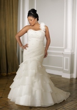 Bridal Dress: Mori Lee Julietta: 3091 - Organza with beading  Removable ruffled one shoulder strap. Colors: White, Ivory. Sizes Available: 16W- 32W. Available in three lengths: 55