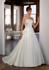 Bridal Dress: Mori Lee Blue Collection: 4813 - Lustrous Satin  Removable feathered flowers. Colors: White, Ivory. Sizes Available: 2-28.  