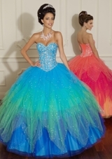 Quinceanera Dress: Quinceanera/Vizcaya: 88006 - BEADED TULLE  Colors Available: Blue Fusion, Orange Fusion. Sizes Available: 0-24.BOLERO JACKET INCLUDED 