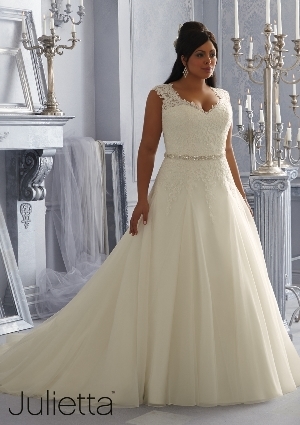Wedding Dress - Mori Lee Julietta FALL 2014 Collection: 3162 - Sparkling Embroidered Lace Appliqués on Tulle (Removable Beaded Satin Belt) | PlusSize Bridal Gown