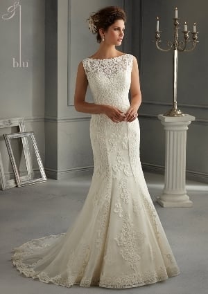 Wedding Dress - Mori Lee Blue FALL 2014 Collection: 5262 - Patterned Embroidery Design on Net over Satin Slip Dress | MoriLee Bridal Gown