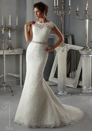 Wedding Dress - Mori Lee Blue FALL 2014 Collection: 5268 - Allover Alencon Lace Wedding Gown with Beaded Satin Ribbon Sash | MoriLee Bridal Gown