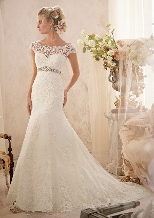 Wedding Dress - Mori Lee Bridal SPRING 2014 Collection: 2620 - Alençon Lace Appliqués on Net with Crystal Beaded Empire and Wide Hemline | MoriLee Bridal Gown