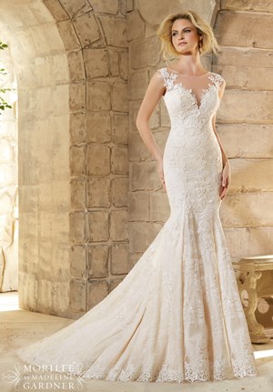 Wedding Dress - Mori Lee Bridal FALL 2015 Collection: 2778 - Chantilly Lace Gown Decorated with Venice Lace Appliques and Scalloped Hemline | MoriLee Bridal Gown