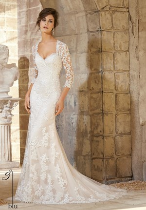Wedding Dress - Mori Lee Blue FALL 2015 Collection: 5372 - VENICE LACE AND EMRBOIDERED APPLIQUES ON NET OVER SOFT SATIN WITH SCALLOPED LACE HEMLINE | MoriLee Bridal Gown