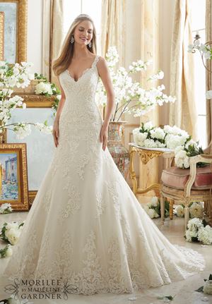 Wedding Dress - Mori Lee Bridal FALL 2016 Collection: 2890 - Embroidered Lace Appliques on Tulle with Wide Scalloped Hemline | MoriLee Bridal Gown