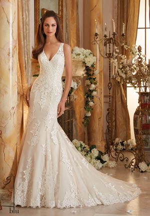 Wedding Dress - Mori Lee Blue FALL 2016 Collection: 5469 - Frosted Beading on Embroidered Appliques and Wide Hemline onto Soft Net | MoriLee Bridal Gown