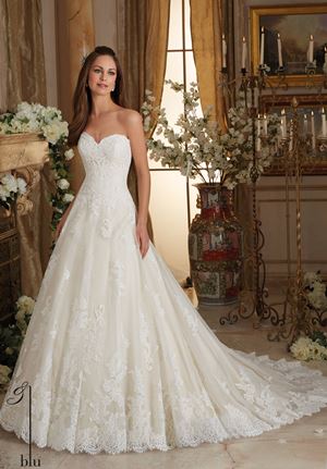 Wedding Dress - Mori Lee Blue FALL 2016 Collection: 5473 - Chantilly and Embroidered Lace on Tulle Ball Gown with Scalloped Hemline  | MoriLee Bridal Gown