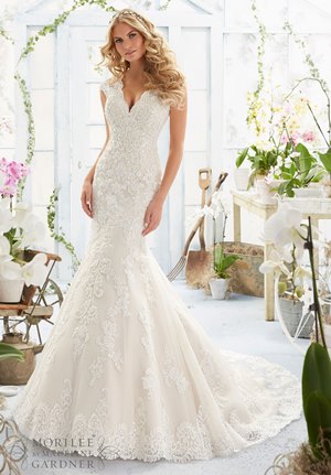 Wedding Dress - Mori Lee Bridal SPRING 2016 Collection: 2806 - Crystal Beaded Embroidered Appliques and Scalloped Hemline on a Net Gown with Sheer Train | MoriLee Bridal Gown