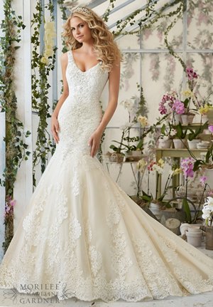 Wedding Dress - Mori Lee Bridal SPRING 2016 Collection: 2814 - Crystal Beaded Embroidery Cascades onto the Tulle Gown with Alencon Lace Appliques and Scalloped Hemline | MoriLee Bridal Gown