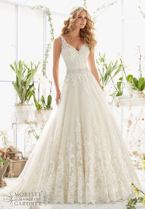 Wedding Dress - Mori Lee Bridal SPRING 2016 Collection: 2821 - Classic Tulle Ball Gown with Crystal Beaded, Alencon Lace Appliques and Wide Scalloped Hemline | MoriLee Bridal Gown