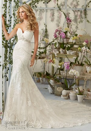 Wedding Dress - Mori Lee Bridal SPRING 2016 Collection: 2825 - Embroidered Appliques and Scalloped Edging on the Net Gown with Sheer Train and Crystal Moonstone Beading | MoriLee Bridal Gown