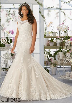Wedding Dress - Mori Lee Julietta SPRING 2016 Collection: 3194 - Alençon Lace Appliqués and Scalloped Edging Frosted with Beading on the Net Gown Over Soft Satin | PlusSize Bridal Gown