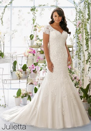 Wedding Dress - Mori Lee Julietta SPRING 2016 Collection: 3197 - Crystal and Pearl Chandelier Beading onto the Net Gown with Alençon Lace Appliqués Over Soft Satin | PlusSize Bridal Gown