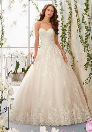 Wedding Dress - Mori Lee Blue SPRING 2016 Collection: 5406 - Alencon Lace Appliques with Crystal Beaded Waistline onto the Tulle Ball Gown with Wide Scalloped Hemline | MoriLee Bridal Gown