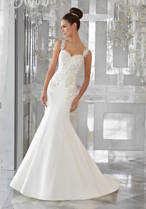 Wedding Dress - Mori Lee Blue FALL 2017 Collection: 5575 - Maris - Crystal Beaded, Embroidered Appliqués on Peau de Soie with Removable Lace Appliquéd Shoulder Straps (Straps Also Sold Separately as Style #11277), (Shown with Detachable Tulle Train, Sold Separately as Style #11274) | MoriLee Bridal Gown