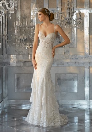 Wedding Dress - Mori Lee Bridal FALL 2017 Collection: 8188 - Martella - Frosted, Embroidered Appliqués on Slim Fit and Flare with Wide Scalloped Hemline and Removable Beaded and Embroidered Shoulder Coverlet (Coverlet Also Sold Separately as Style #11276), (Matching Satin Bodice Lining Included) | MoriLee Bridal Gown
