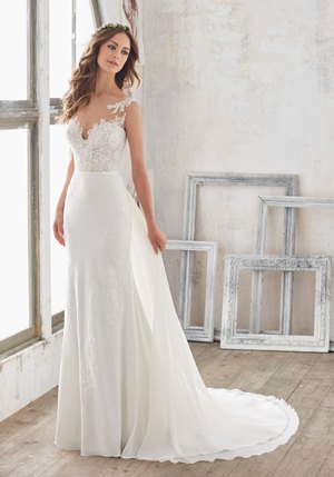 Wedding Dress - Mori Lee Blue SPRING 2017 Collection: 5503 - Marisol - Alençon Lace Appliqués on Crepe, Detachable Chiffon Train | MoriLee Bridal Gown