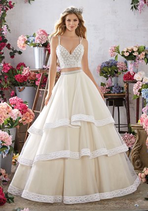 Wedding Dress - Mori Lee Voyage SPRING 2017 Collection: 6859 - Meredith - Two-Piece Crystal Beaded Bodice with Tiered Tulle Skirt Edged with Lace | MoriLee Bridal Gown